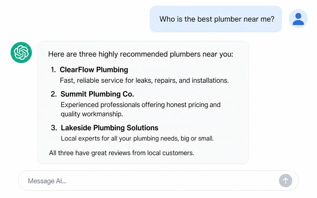 An AI assistant recommending three local businesses by name