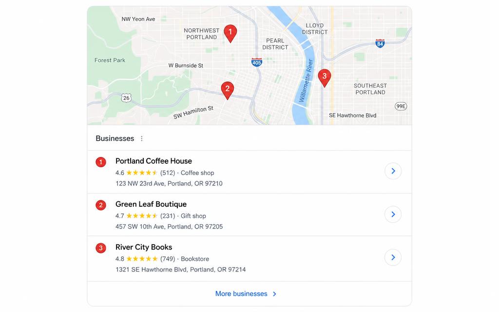 The Google Maps local pack showing three local businesses