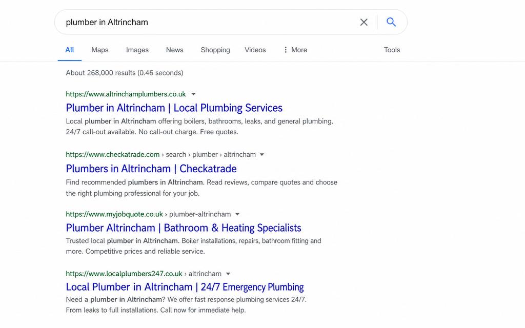 Google organic search results for a local plumber search